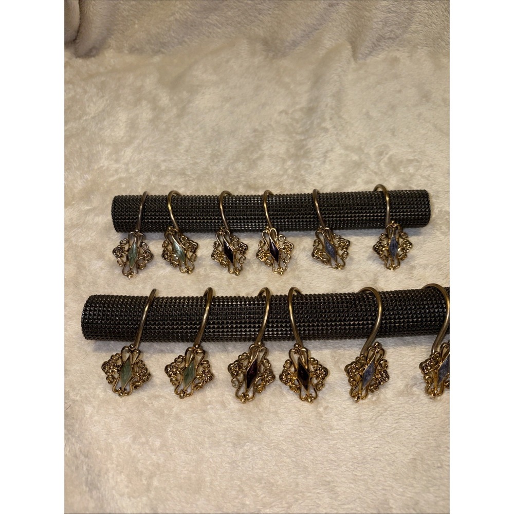 Vtg Gold Tone Filigree Shower Curtain Hooks  With Jewel Tone Insets Set of 12